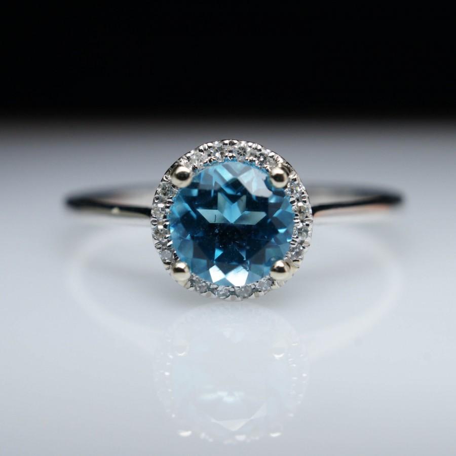Hochzeit - Round Blue Topaz Diamond Halo Solitaire Ring in 14k White Gold Topaz Ring Jewelry Engagement Ring Gemstone Ring Petite