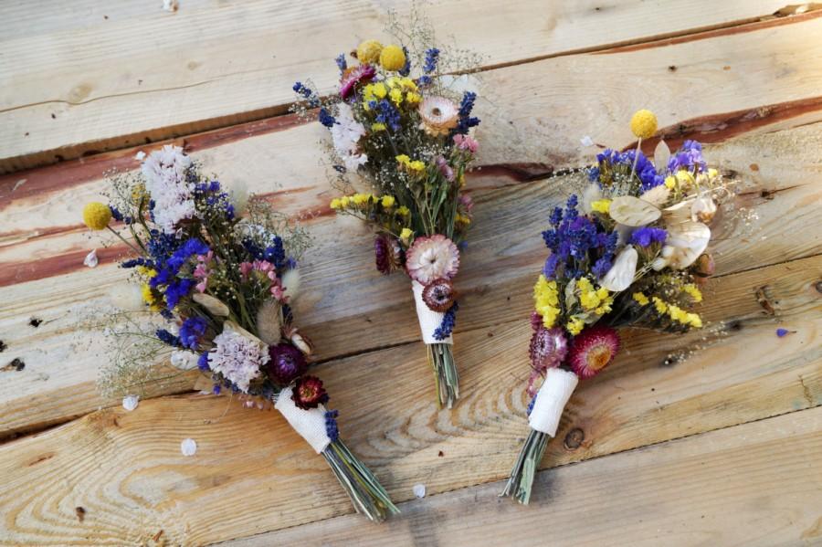 Mariage - SET OF 3 SMALL Bridal bridesmaid bouquet, wedding dried flowers, wild flowers bouquet, wedding bouquet, dried lavender dried flowers bouquet