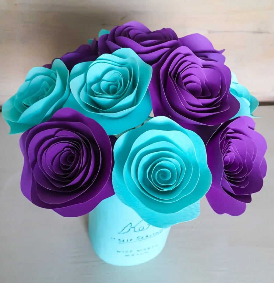 Hochzeit - Paper Flowers - Stemmed - Purple - Aqua - Aquamarine - Centerpieces - Wedding Flowers - Home Decor - Baby shower Decor - Rose - With Stems