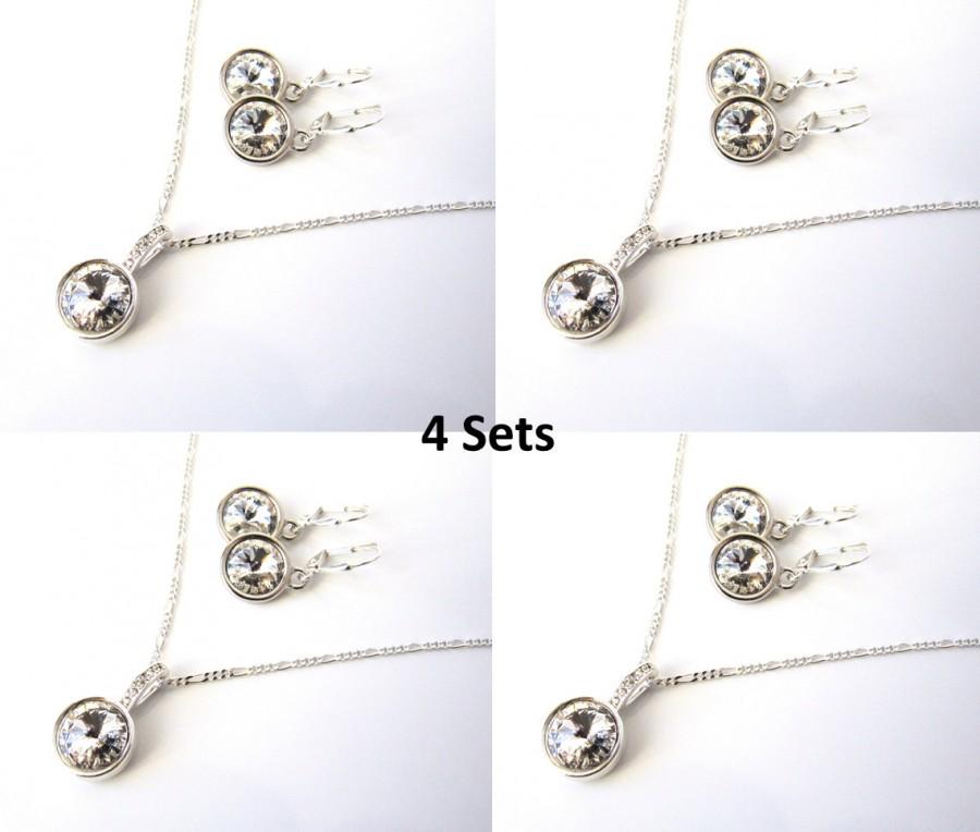 Hochzeit - Bridesmaid Jewelry Set of 4, Wedding Jewelry, Bridesmaid Gifts, Clear Crystal Drop Necklace, Sterling Silver Bridesmaid Necklace & Earrings