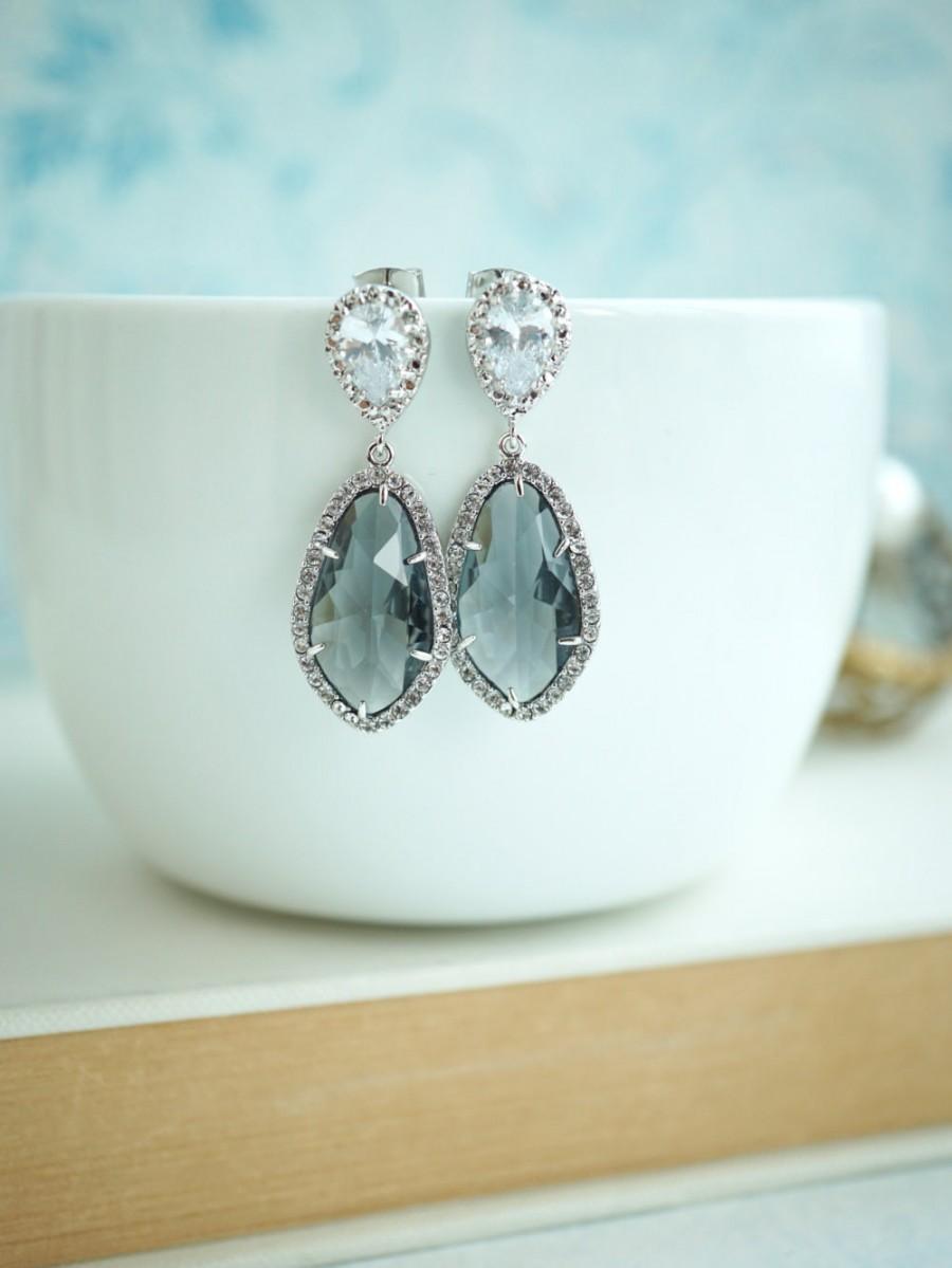 Hochzeit - Large Teardrop LUX Rhodium Plated Cubic Zirconia, Grey Glass Drops Earrings. Bridesmaids Jewelry, Bridal. Wedding Earrings. Glass Stones.
