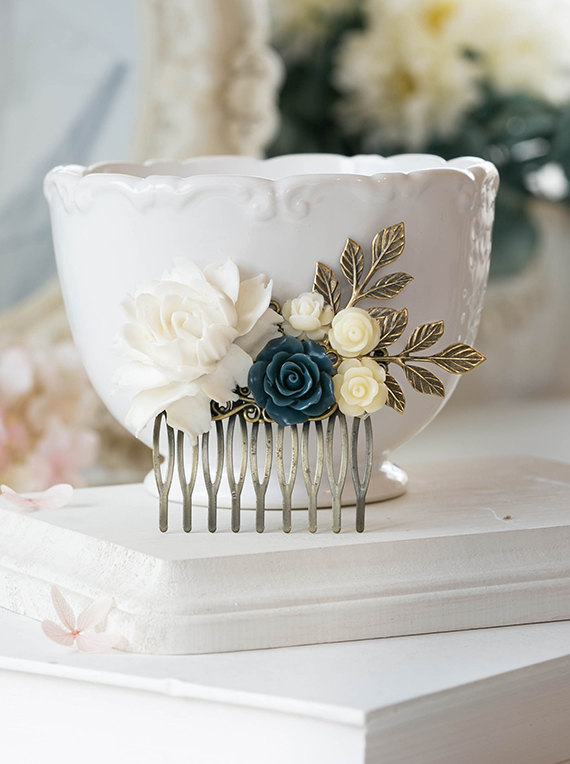 Hochzeit - White Ivory Navy Blue Rose Flower Hair Comb  Blue and White Floral Collage Hair Comb Wedding Bridal Hair Comb Romantic Country Chic Comb