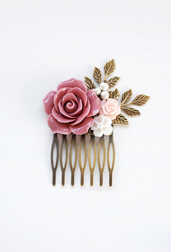 زفاف - Dusty Pink Wedding Hair Comb Powder Pink Bridal Hair Comb Bridesmaids Hair Accessory Flower Girl Gift Pink Rose Hair Comb French Country