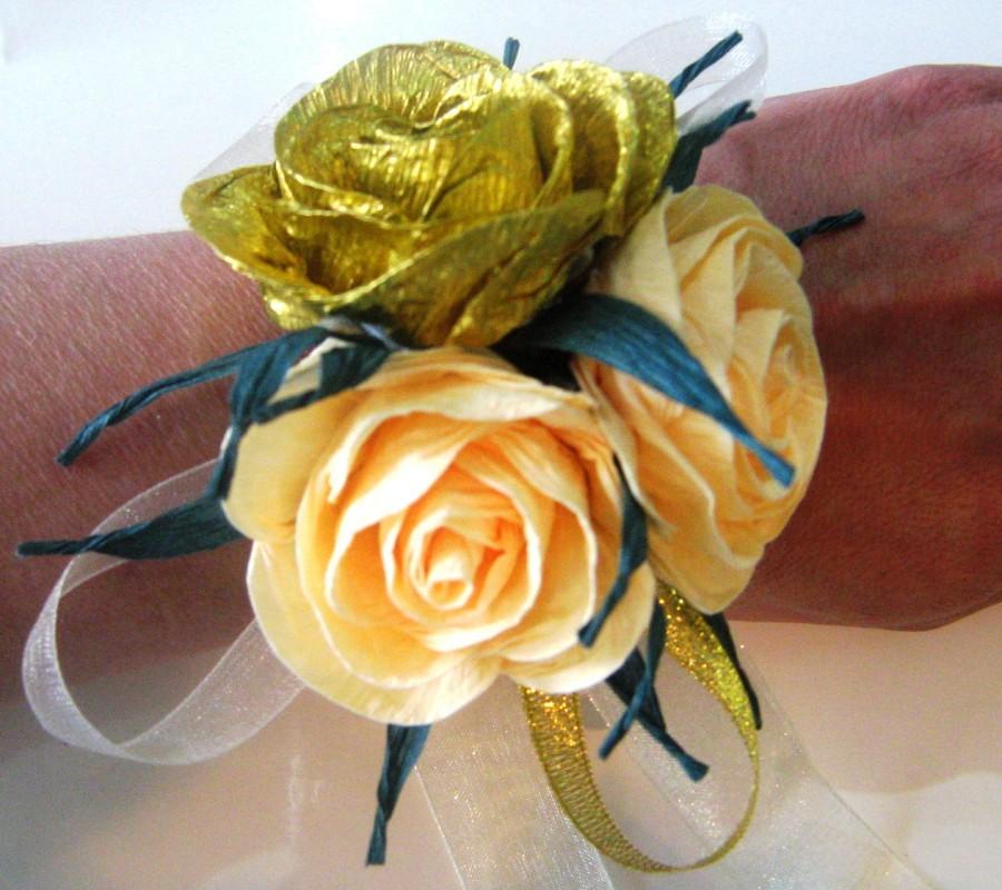 Hochzeit - 2 Ivory and gold rose corsage crepe paper mothers Corsage Ivory gold bridal corsage gold cuff bracelet corsage wrist corsage flower bracelet