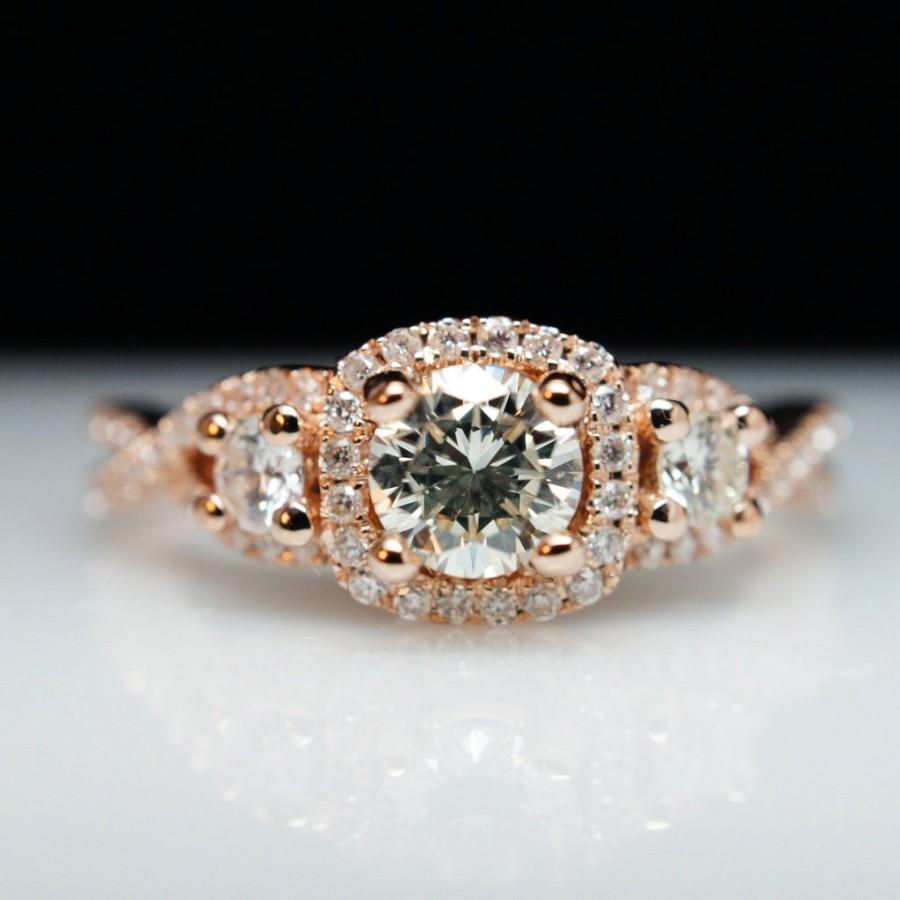 Wedding - Three Stone Diamond Halo Rose Gold Engagement Ring & Wedding Band Set Micropave Ring Unique Petite Style Setting Diamond Jewelry Bridal Set