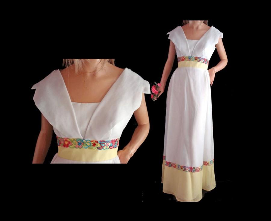 زفاف - Mod 60s Prom Dress Yellow and White Formal Empire Waist Daisy Trim S M