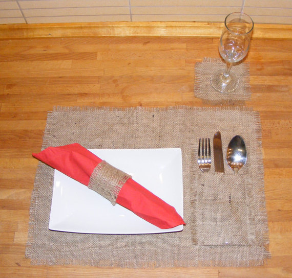 زفاف - Rustic wedding table setting with rustic cutlery holder, coaster, tablemat, napkin ring, burlap wedding table setting, set of 100