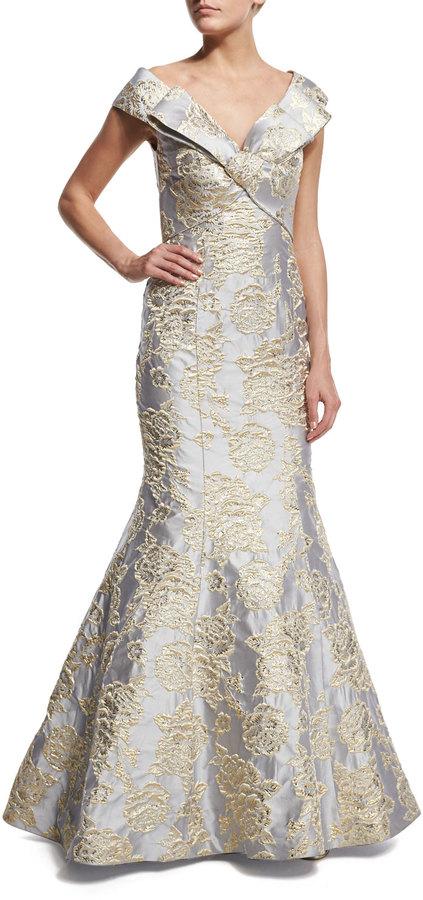 Hochzeit - Jovani Cap-Sleeve Bow-Front Embroidered Mermaid Gown