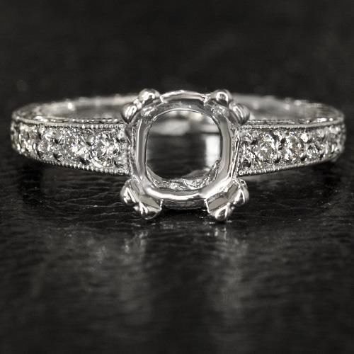Mariage - Art Deco Antique Filigree Diamond Engagement Ring Round Cushion Original Vintage Semi-Mount Setting 14K White Gold 6495