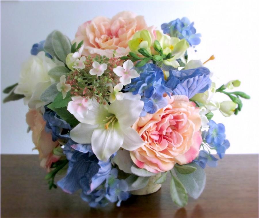 Hochzeit - Silk Bridal Bouquet, Blush Pink, Light Blue, Green, and Ivory, Wedding Flowers, Roses, Lilies, Irises, Hydrangea, Freesia, "Abundance"