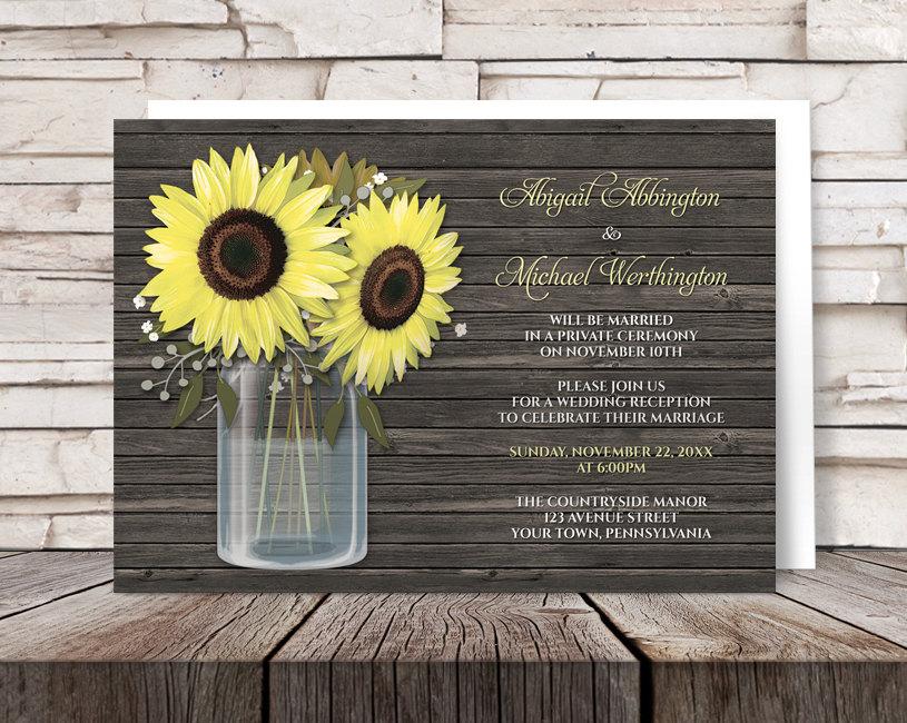 Hochzeit - Sunflower Reception Only Invitations - Country Rustic Sunflower Wood Mason Jar Post Wedding Reception Invitations - Printed Invitations