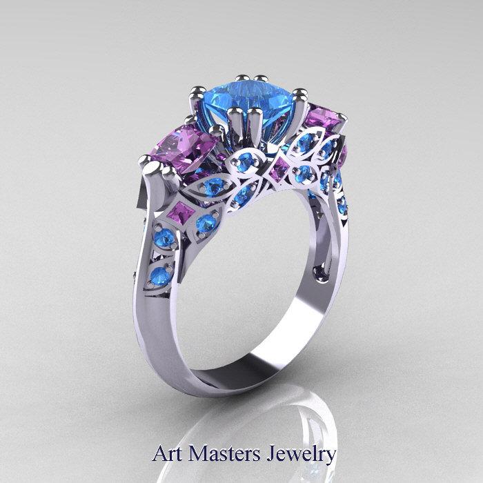 Mariage - Classic 14K White Gold Three Stone Princess Blue Topaz Amethyst Solitaire Engagement Ring R500-14KWGAMBT