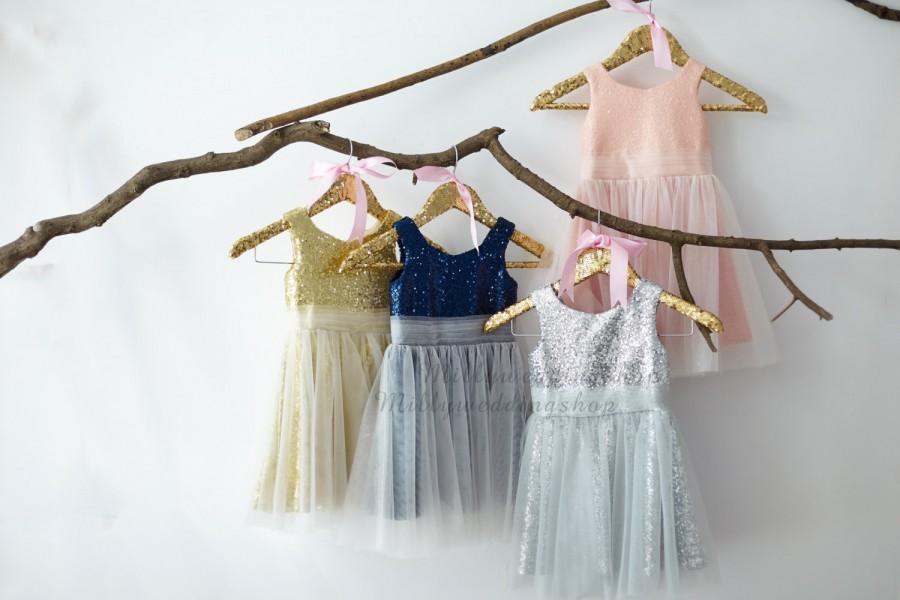 Hochzeit - Navy Blue/Gold/Pink/Silver Sequin Ivory Tulle Flower Girl Dress Junior Bridesmaid Wedding Party Dress M006