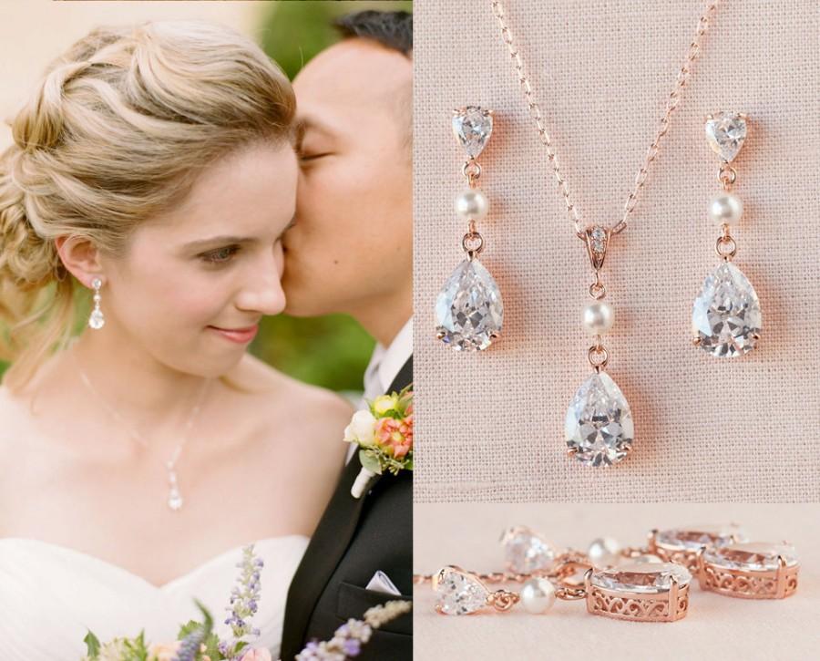 Wedding - Bridal Jewelry SET, Rose Gold  Wedding jewelry Swarovski Pearl Wedding earrings, Pendant, Bridal jewelry, Crystal Drop and Pearl SET