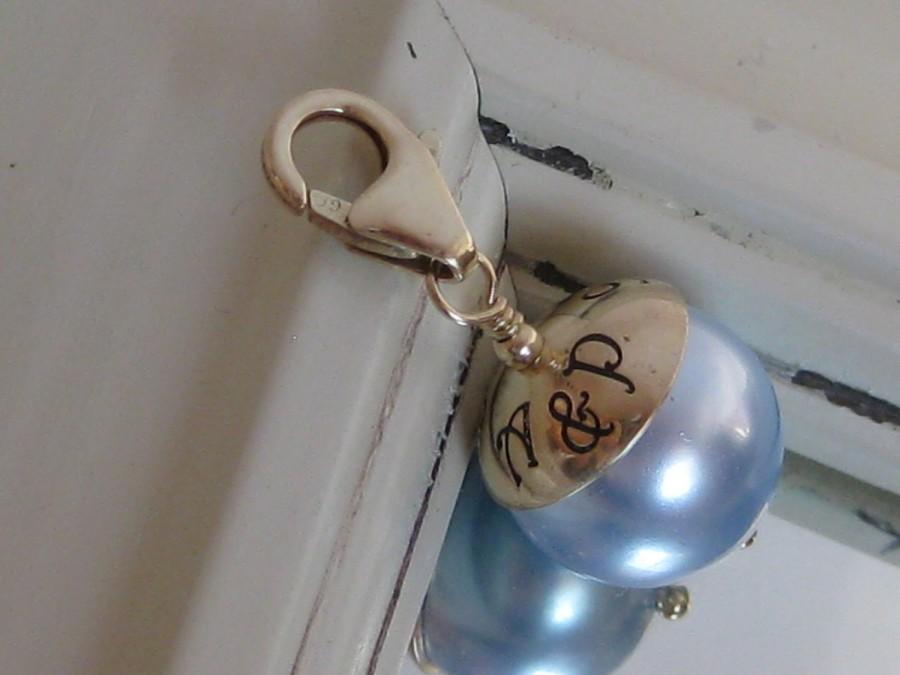 Wedding - SOMETHING BLUE- Hand Stamped Custom Wedding Bouquet Charm- GOLD with clasp,can fit Large Hole Charm Bracelet
