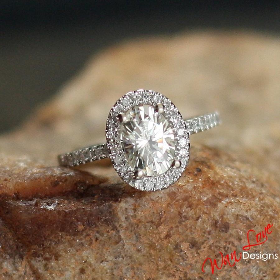 Mariage - Moissanite & Diamond Oval Halo Engagement Ring .90 1 ct 7x5mm 14k 18k White Yellow Rose Gold-Platinum-Custom made your size-Wedding-10k