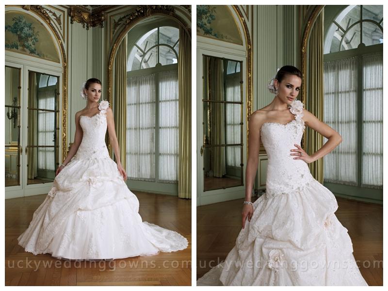 Wedding - One-shoulder Bridal Ball Gown with Pick-up Lace Skirt