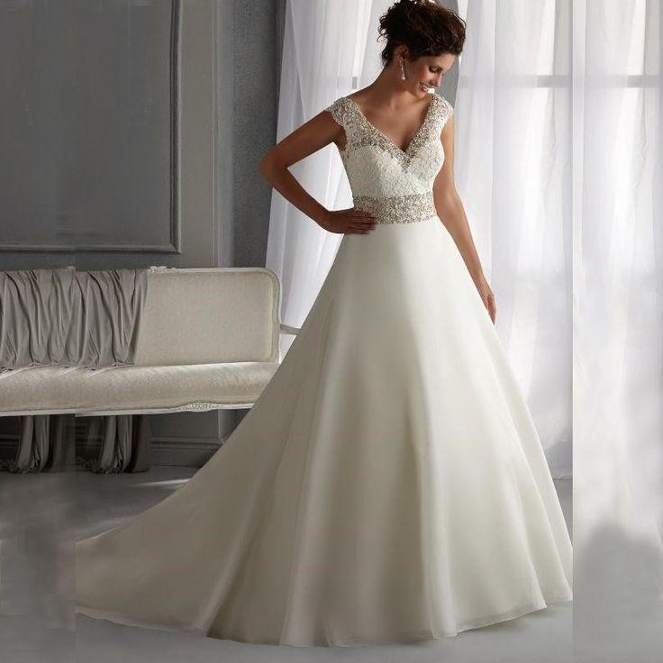 Wedding - Satin Lace Beaded Floor Length V-Neck Wedding Dress
