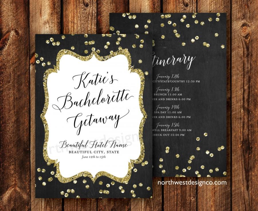 Mariage - Black Gold Bachelorette Party Itinerary Bachelorette Weekend Itinerary Boho Gold Black Modern Shower Invite 5x7 Digital File or Printed