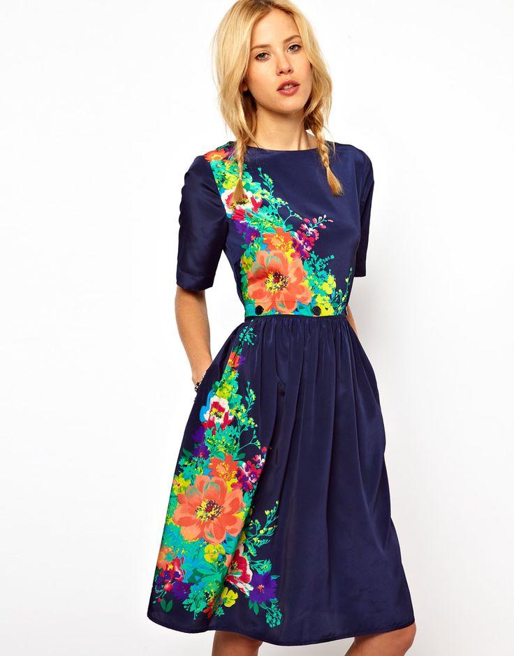 Wedding - Midi Dress In Floral Print With Buttoned Waist