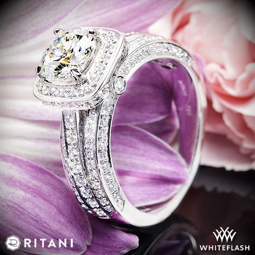 Hochzeit - 18k White Gold Ritani 1RZ3156 Halo Diamond Engagement Ring