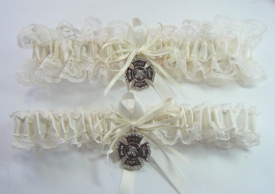 Mariage - FIREFIGHTER Fireman Wedding garters IVORY lace Garter set