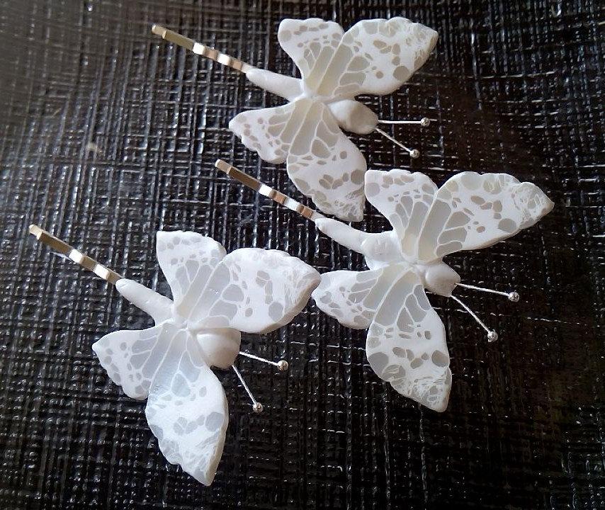 زفاف - SET of Butterfly hair clips, butterfly bobby pin set, White  butterfly clips, Bridal hair accessory - 3 pin clips wedding hair