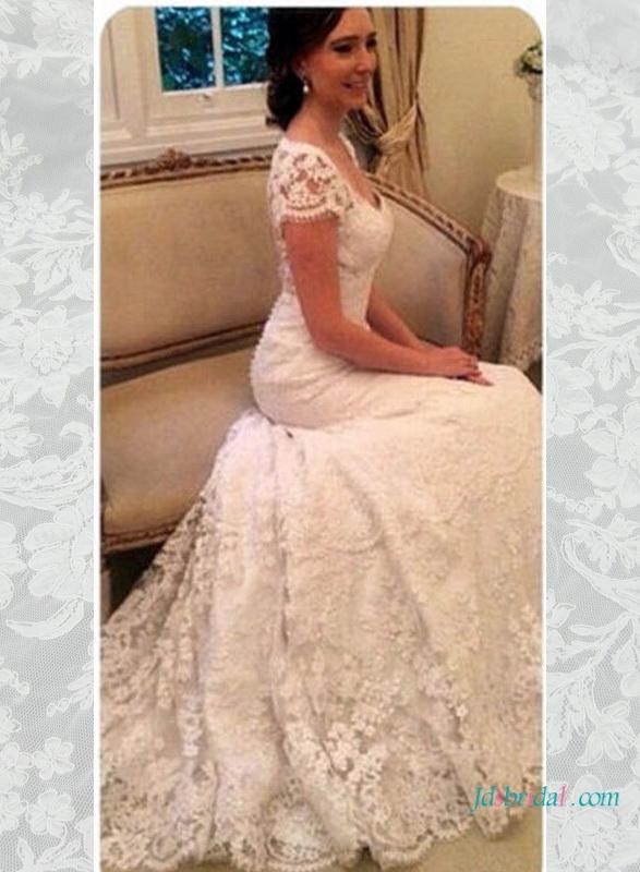 زفاف - Elegant lace sheer open back wedding dress with cap sleeves