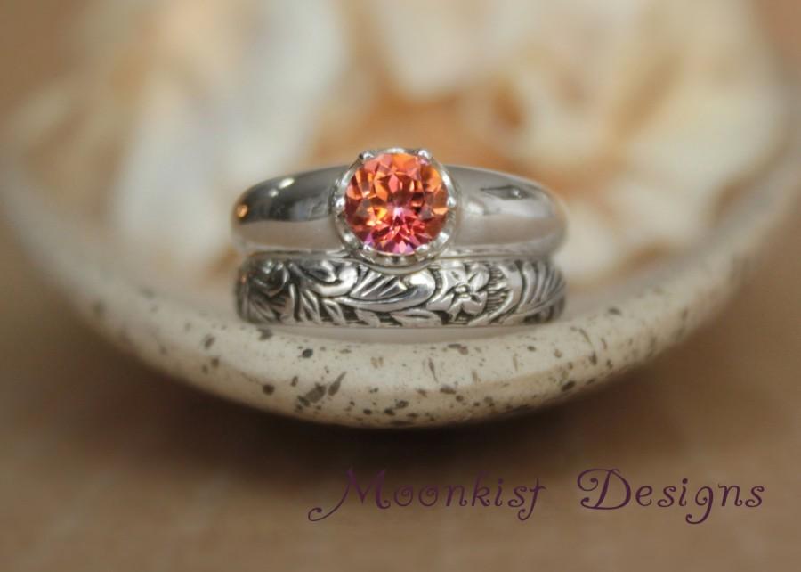 Mariage - Bold Artisan Solitaire Ring and Floral Band in Sterling Silver - Engagement, Anniversary, Promise Ring with Fitted Flower and Leaf Band