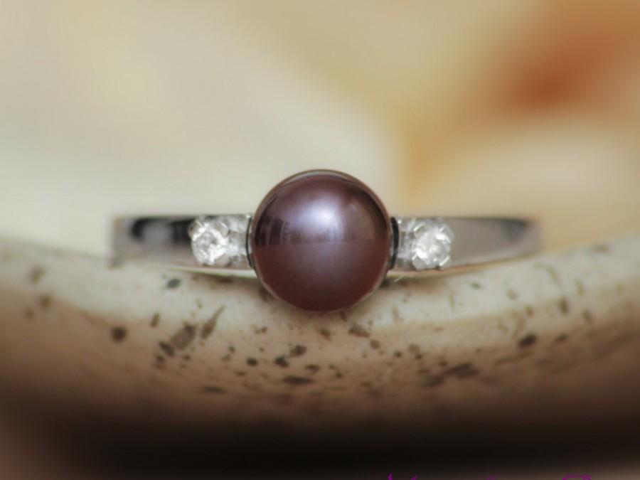 زفاف - Black Pearl Engagement Ring in 14 Karat White Gold  - 6.5 mm Cultured Black Pearl with Side-Mount Diamonds - June Birthstone Ring