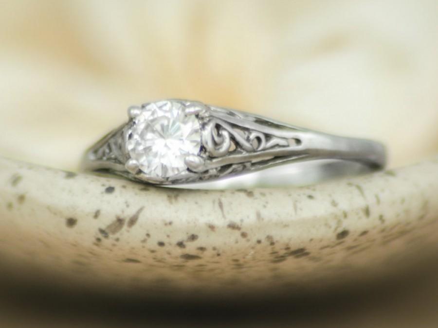 Свадьба - 14K White Gold and Moissanite - Dainty Filigree Engagement Ring - Vintage-style White Gold Wedding Ring - Diamond Alternative