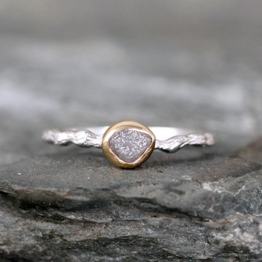 Hochzeit - Twig Raw Diamond Engagement Ring  - Tree Branch Rings - Uncut Rough Diamond - Sterling Silver & 14K Yellow Gold Bezel Set Rings