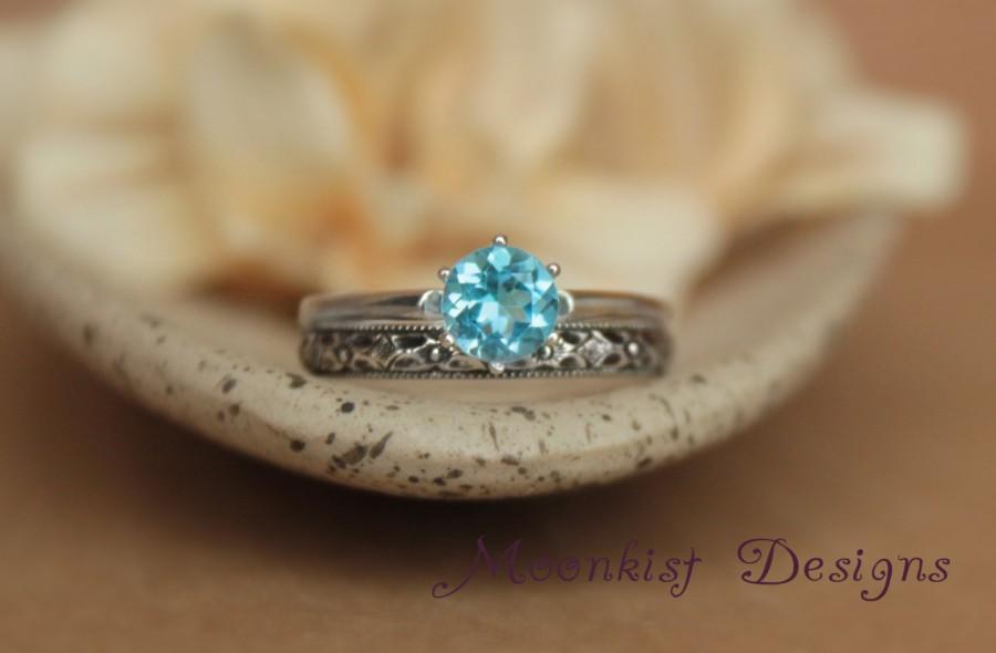Wedding - Blue Topaz Solitaire Wedding Ring Set in Sterling with Notched Diamond Pattern Band, Vintage-Style Classic Solitaire and Band Engagement Set