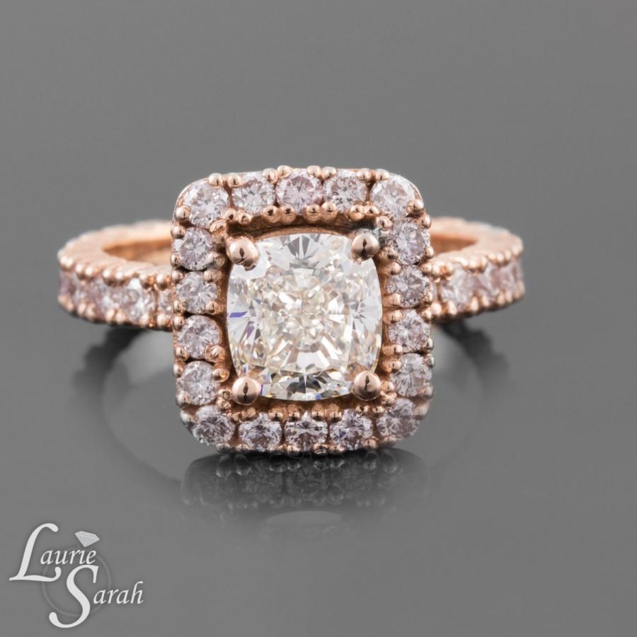 زفاف - Diamond Engagement Ring, Diamond Halo Engagement Ring, Pink Diamond Ring, Rose Gold Ring, Cushion Cut Diamond Engagement Ring - LS3620