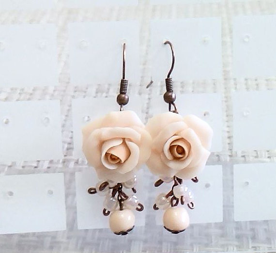 Hochzeit - Rose ivory drop earrings, ivory flower drop earrings, ivory rose jewelry Ivory Rose Wedding Earrings