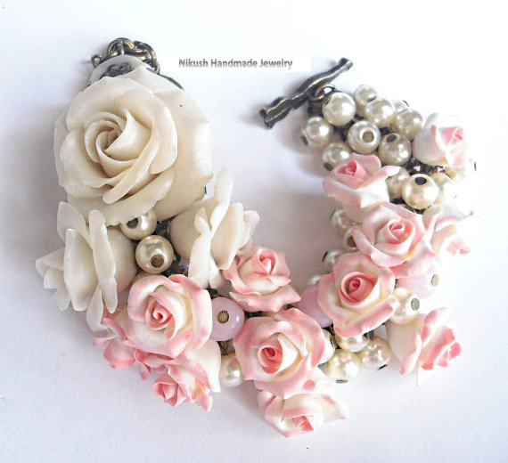Свадьба - Plastic Art. Art Jewelry. Sculpture Flowers. Weddings Bracelet. soft pink. Bridal Bracelet. handmade. shabby chic style. Roses jewelry.