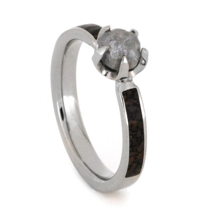 Wedding - White Gold Engagement Ring With Partial Dinosaur Bone Inlays and a Rough Diamond Stone, 1 ct. Diamond Ring