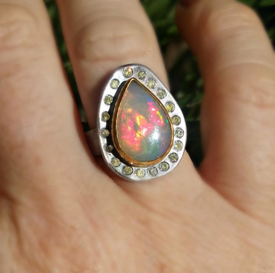 Wedding - Opal ring, Multistone ring,Diamond Statement Ring, Diamond, opal and silver, 22 kt yellow gold ring, engagement ring
