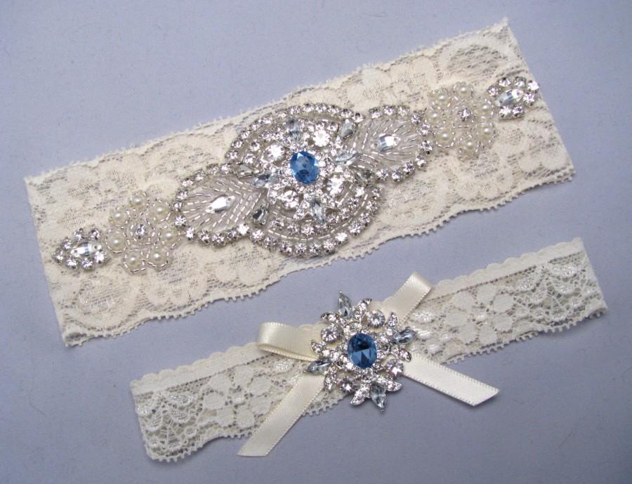 Wedding - Rhinestone Pearl Bridal Garter Set, Crystal Stretch Lace Garter, Ivory / White Wedding Garter, Plus Size or Petite Garter, Something Blue