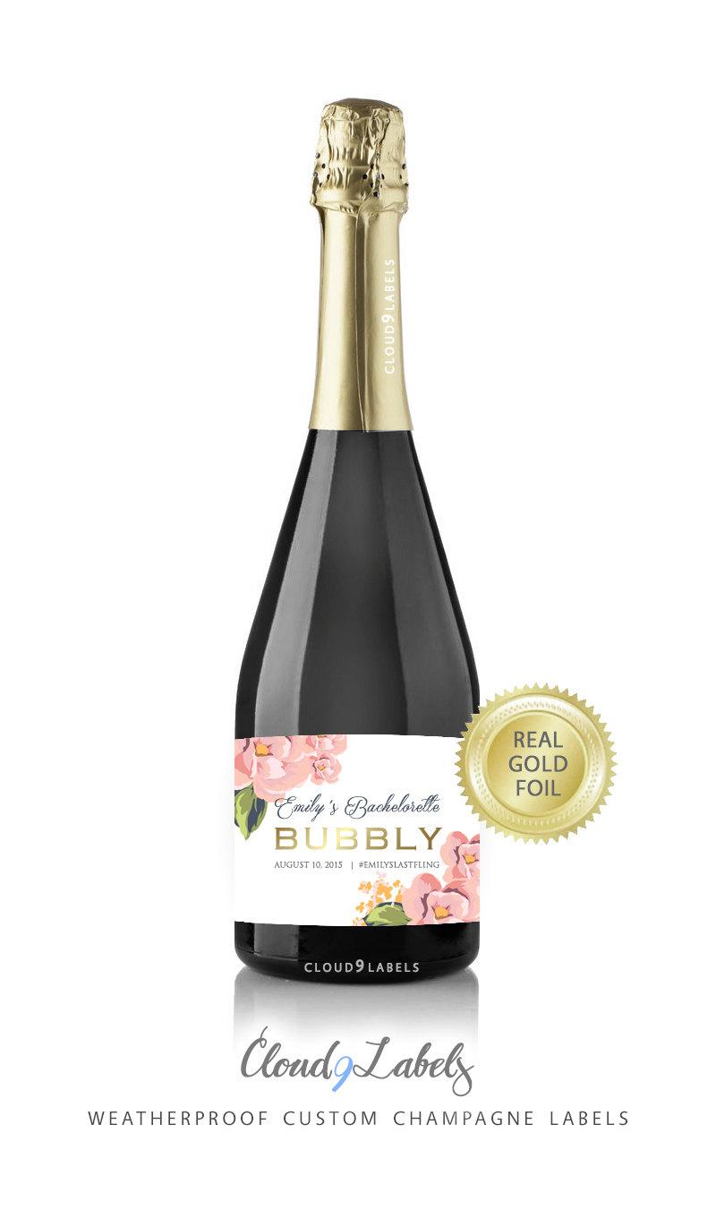 زفاف - Custom [Gold or Silver Foil] Floral Bachelorette Party Shower Champagne Labels (Set of 6) Weatherproof Personalize Wine Bottle Wedding Gift