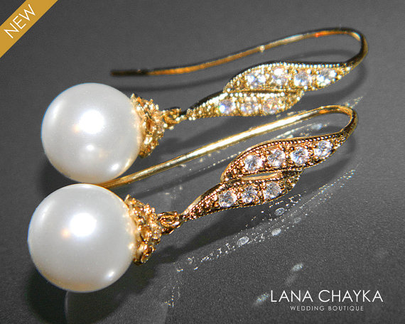 Wedding - White Pearl Bridal Earrings Swarovski 10mm Pearl Vermeil Gold Cubic Zirconia Earrings Bridal Drop White Pearl Earrings Bridal Pearl Jewelry