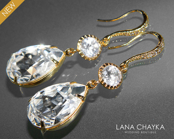 زفاف - Crystal Gold CZ Wedding Earrings Swarovski Clear Rhinestone Vermeil Gold Earrings Teardrop Dangle Bridal Earring Wedding Crystal Jewelry