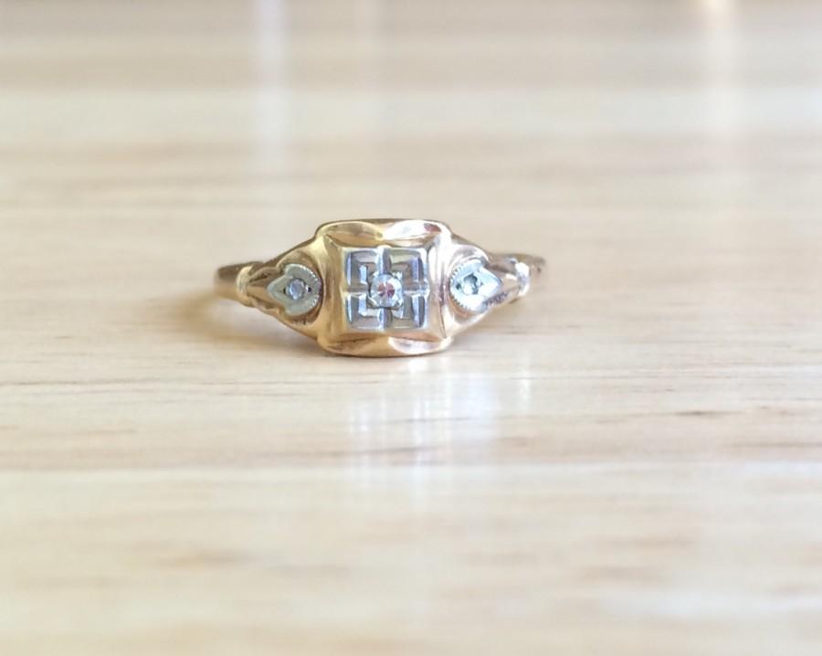 Mariage - Diamond Engagement Ring - Vintage Art Deco 10kt Yellow Gold & White Gold Illusion Setting - Size 6 Sizeable Wedding Antique Fine Jewelry