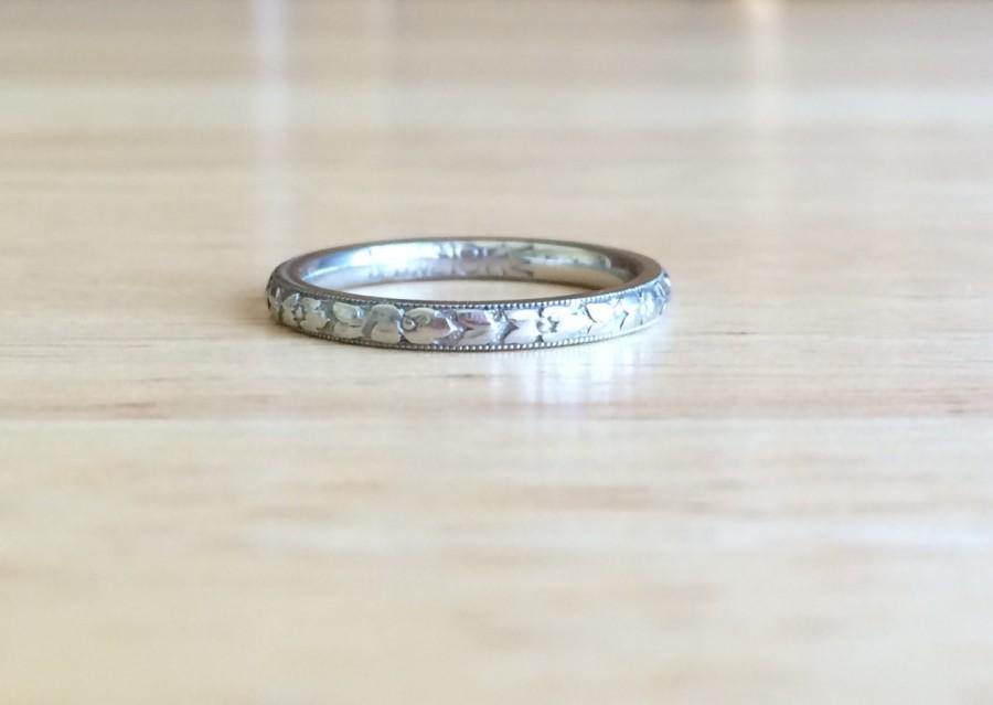 Wedding - Art Deco Wedding Band - Vintage 18kt White Gold Eternity Pattern - Size 4 1/4 to 4 1/2 Sizeable Anniversary Engagement Antique Fine Jewelry