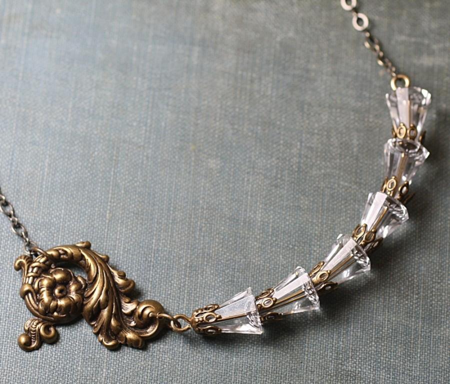 Wedding - Bridal necklace crystal antique style rococo vintage elegant brass wedding jewelry bronze beaded