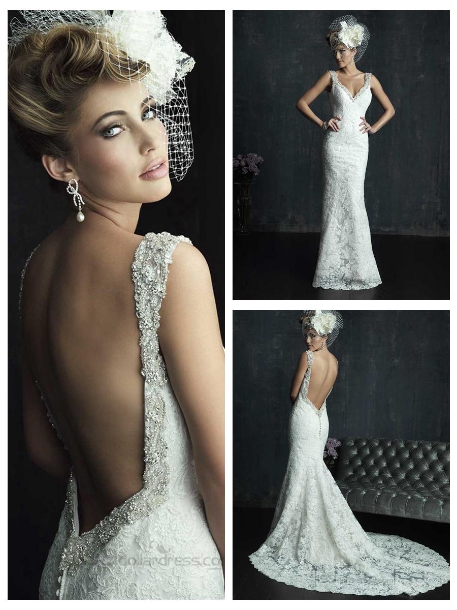 زفاف - Fit and Flare Perfect Tiered Wedding Dress with Flowers on Neckline and Lace-up Back