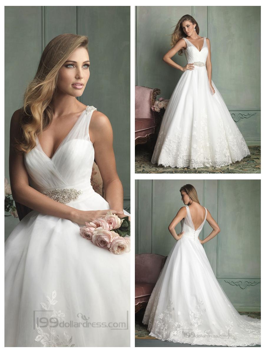 زفاف - Floor Length Slim Lace Wedding Dress with Draped Overlay and Flower Accented Bodice