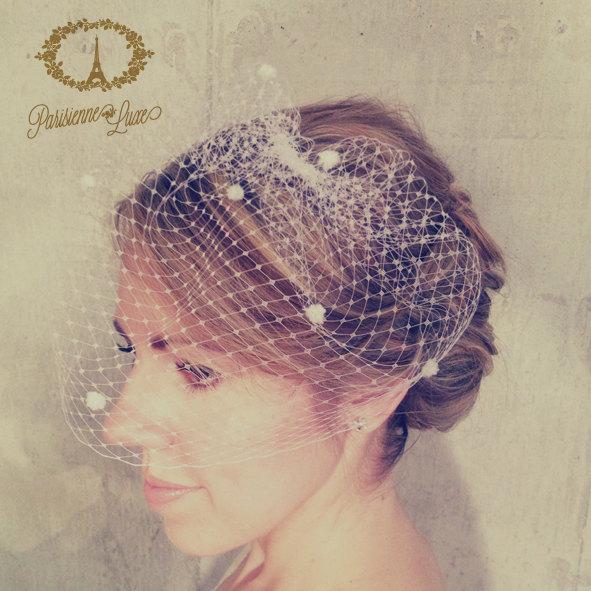Wedding - Birdcage Veil, Russian Netting with Dots, Blusher Veil, Bridal Birdcage Veil, Wedding Head Piece, Ivory or White "Zooey with Dots"