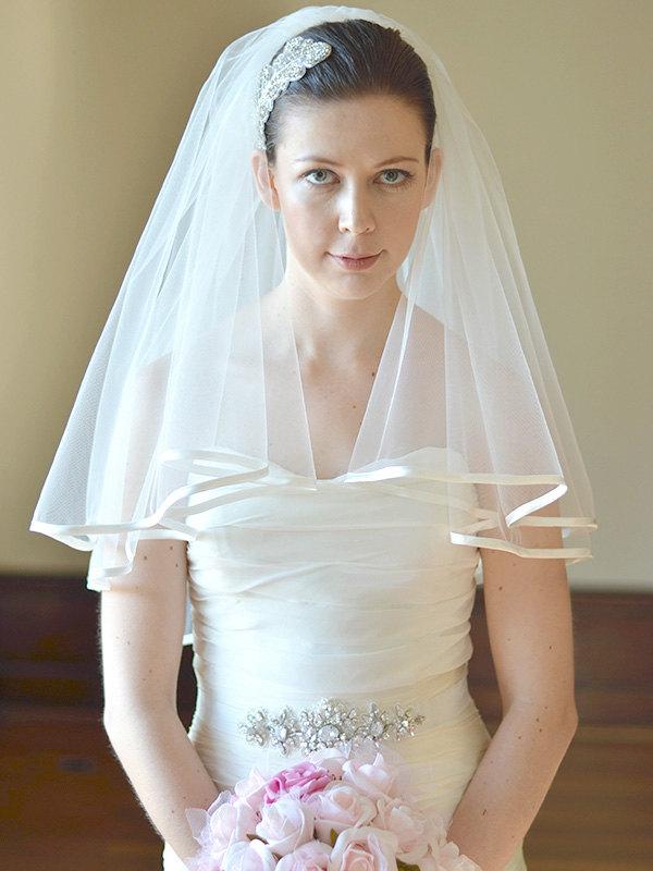 Mariage - Satin veil, blusher veil, elbow length wedding veil, bridal veil, tulle veil, ivory veil, two tier veil with satin, 7mm satin binding