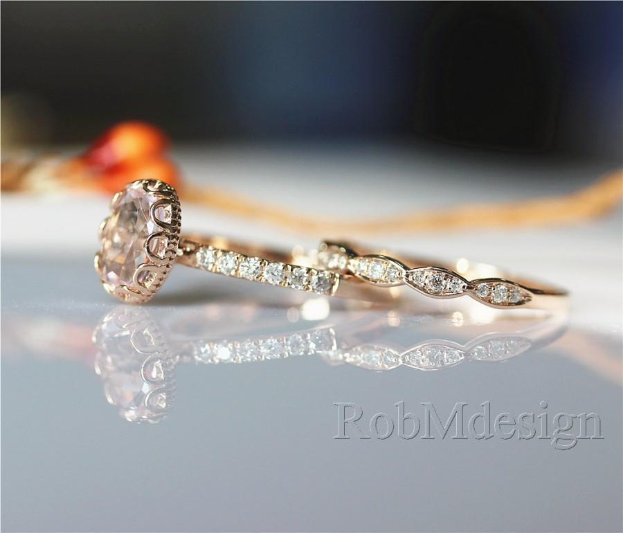Mariage - 2PCS Art Deco Morganite Engagement Ring Set 6*8mm Oval Cut Morganite Ring Half Eternity 14K Rose Gold Art Deco Match Band Morganite Ring Set